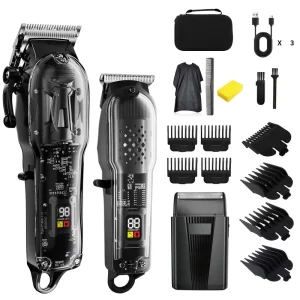 Black Hairdresser Grooming Kit Barber Foil Shaver USB Charging Beard Trimmer Wireless Transparent Hair Clipper Mens