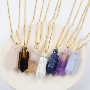 Healing Crystal Perfume Bottle Charm Essential Oil Diffuser Pendant Crystal Perfume Bottle Necklace