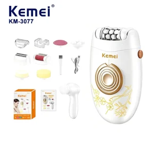 Kemei Km 3077 Electric Epilator 3 in 1 5600RPM 2Speed Stainless Steel Blade 450mAh Body Hair Shaver Facial Cleansing Tool Full Set