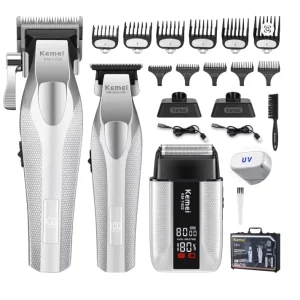 Kemei S3 1798 3023 T402 Professional Hair Clipper Kit DLC Blade Full Metal with Base Charger Hair Cutting Trimmer UV Shaver