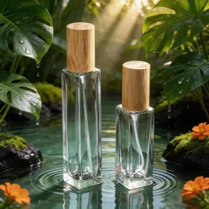 Luxury Artisan Premium Glass Clear Square Custom 30ml 50ml 100ml Perfume Bottles Sprayer Matte Engraving Bamboo Lid Mist Sprayer