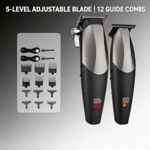 Men Grooming Hair Clippers USB Rechargeable Professional Trimmer with Stainless Steel Blades LCD Screen and Travel Lock