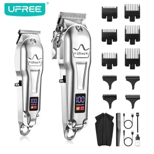 Men Professional Metal Cordless Hair Clippers Trimmer Set LCD Display USB Fast Charging Waterproof IPX5 Household Hotel