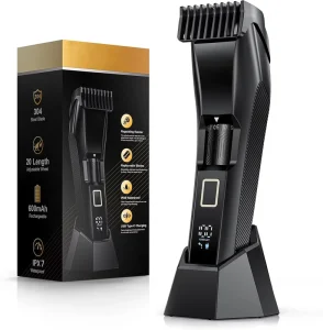 Men’s Beard Trimmer 20 Length Adjustable Blade Wheel Stainless Steel for Facial Hair Trimming Waterproof Wet Dry Clippers