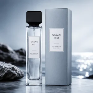 Private Label 50ml Tall Slim Square Unisex Perfume Set Ocean Mist Black Cap Custom Logo Retail Box OEM