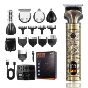 Professional Men’s Grooming Kit 6 in 1 Cordless Hair Clipper Trimmer Shaver Nose Body Hair Trimmer with LED Display USB Charging