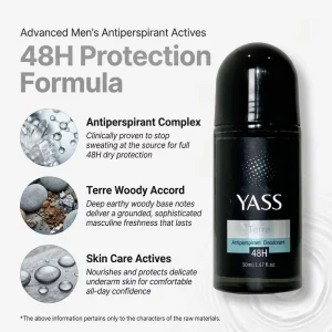 YASS Men’s 48-Hour Long-Lasting Antiperspirant Roll-On Woody Earthy Scent, Body Spray Specifically Formulated for Sensitive Skin