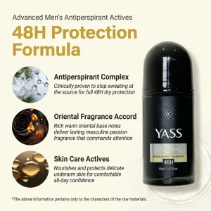YASS Unisex Passion Roll on Deodorant Stick 50ml 48H Antiperspirant Fragrance with Cubilose Gelycerol for Sensitive Skin