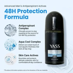 YASS Unisex Perfume Roll On Deodorant Antiperspirant 50ml 48H Protection Underarm Sweat Remover Earthy Woody Freshness Sensitive